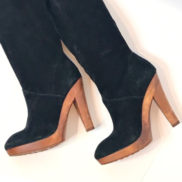 KORS Tall Black Suede Genuine Wood Platform Boots - Picture 3 of 15